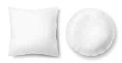 Vector 3d realistic comfortable pillows - square, round. Template, mock up of white fluffy cushion for relaxation, sleep, nap, bedding, rest.